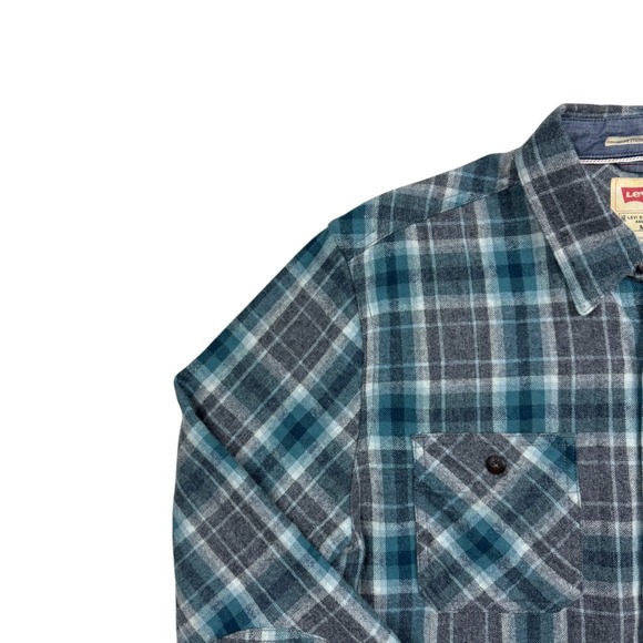 Levis Men's Green Plaid Wool Blend Double Pocket Button Down Long Sleeve Size M - Picture 2 of 14